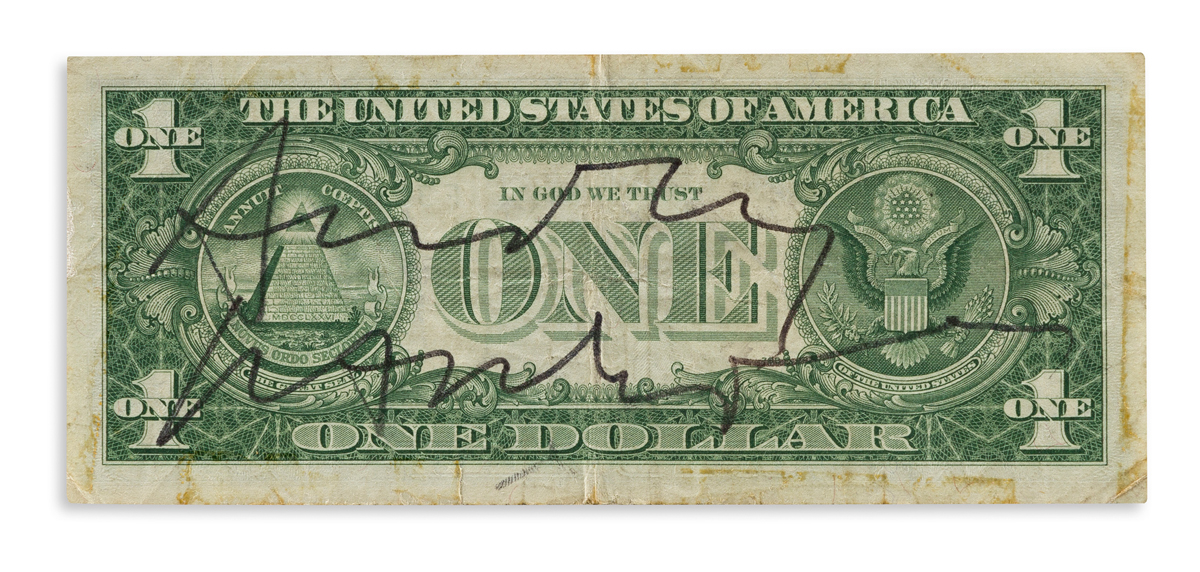 ANDY WARHOL, VIVA (JANET SUSAN MARY HOFFMANN) One dollar bill Signed by both, Andy / Warhol, on verso, and Viva! on recto, with her